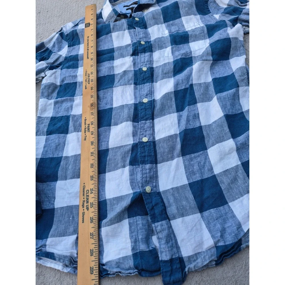 Banana Republic Mens Camden Fit 100% Linen Blue White Buffalo Check Shirt L Tall